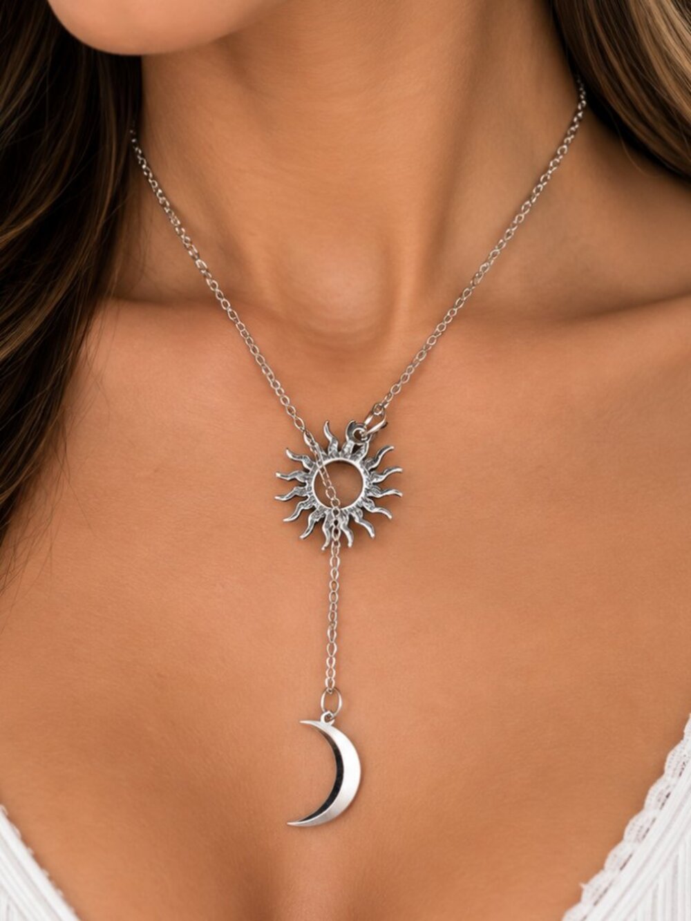 Sun Moon Lariat Necklace Celestial Stainless Steel Crescent Pendant Astrology